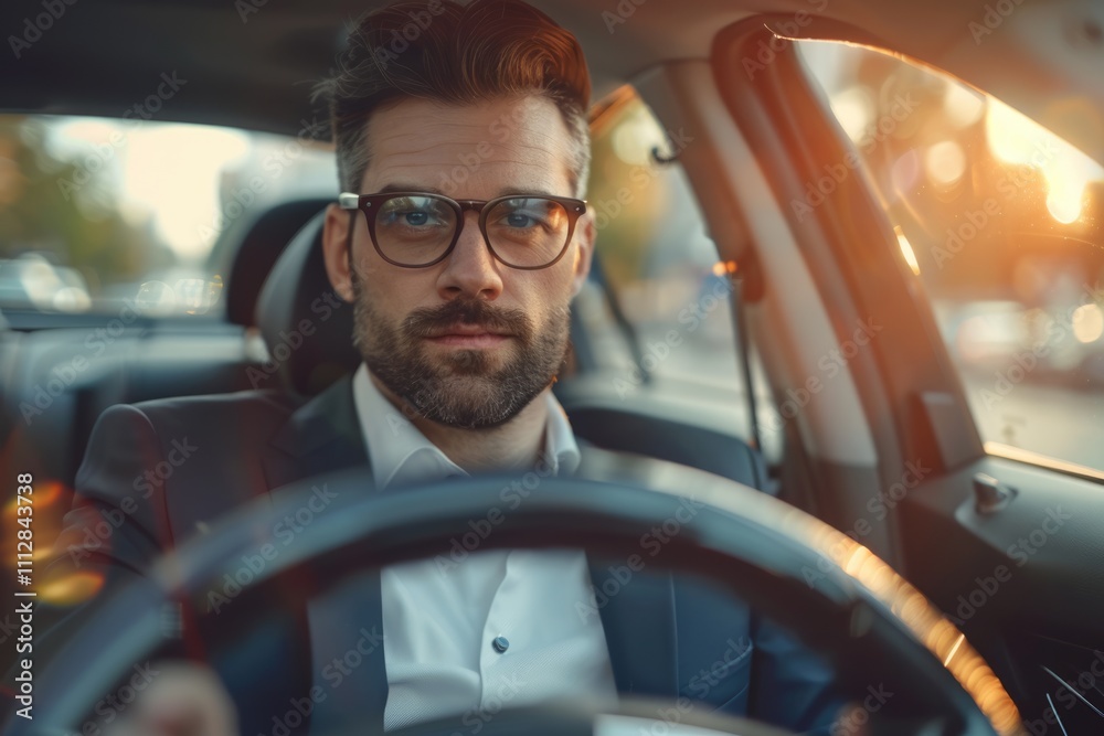 Obraz premium Attractive elegant man in business suit driving car