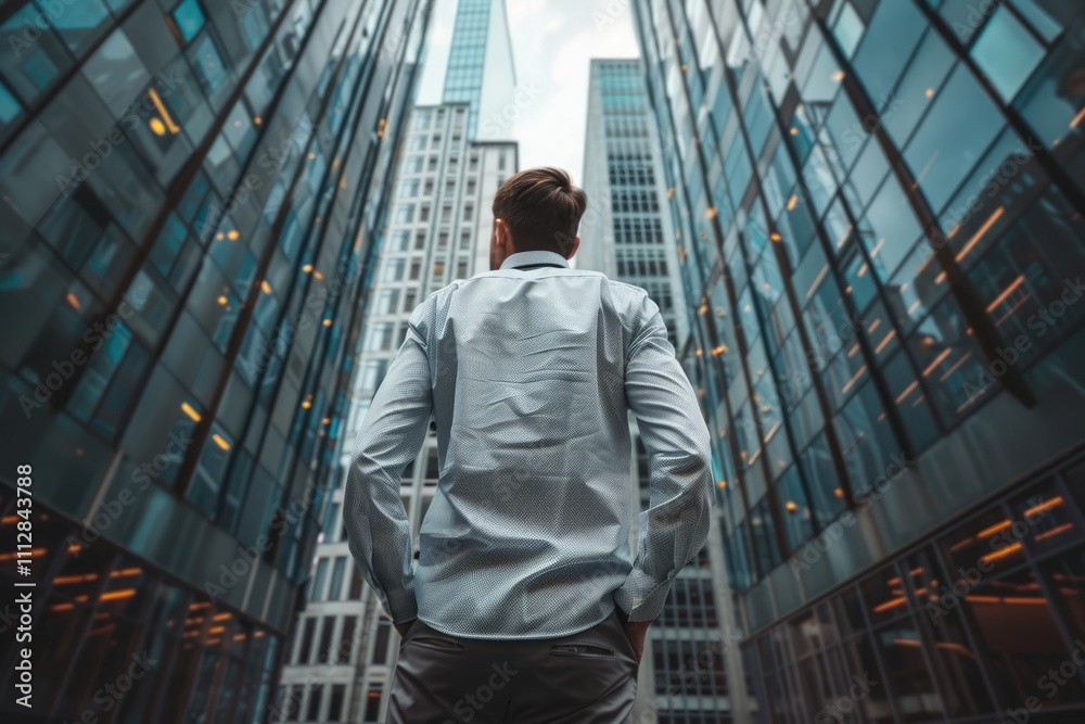 Rich businessman admires skyscraper young manager dreams of career growth. Rich businessman admires skyscraper young manager dreams of career growth.