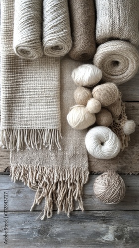 A collection of natural fiber yarns and textiles arranged on a wooden surface