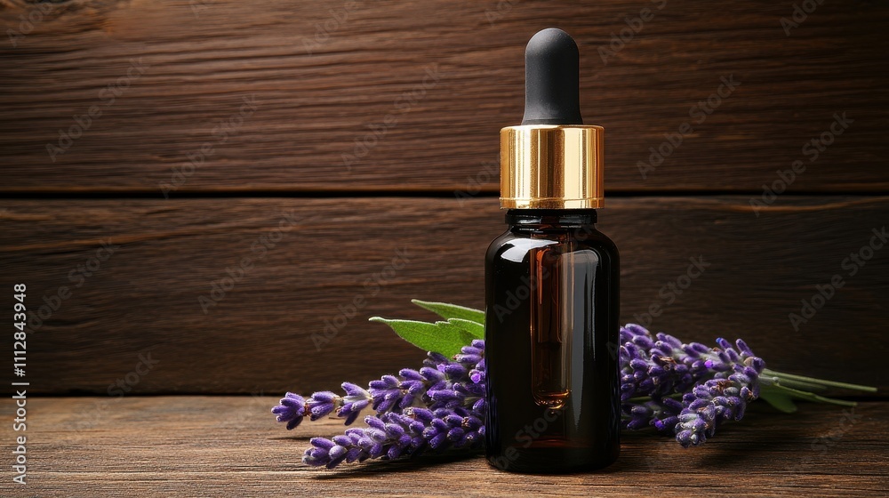 Dark amber glass dropper bottle of lavender essential oil with fresh lavender sprigs on a wooden surface. Dark amber glass dropper bottle of lavender essential oil with fresh lavender sprigs on a wooden surface.