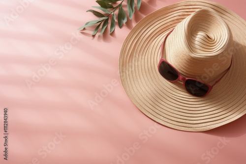 Stylish straw hat and pink striped beach towel on soft surface during sunny a...