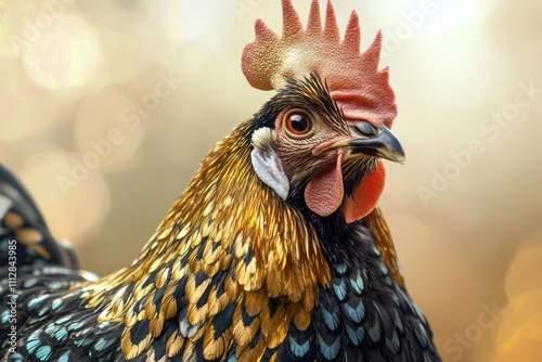 A close-up portrait of a fancy chicken with vibrant gold, black, and white feathers, a striking comb, and expressive eyes, captured against a soft natural backdrop. photo