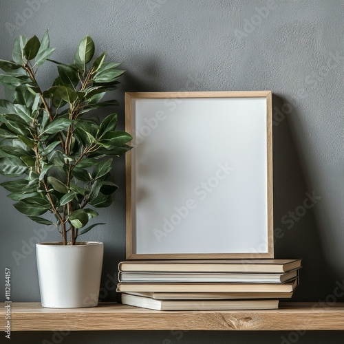 Books and a plant on a shelf with a blank frame against a green wall