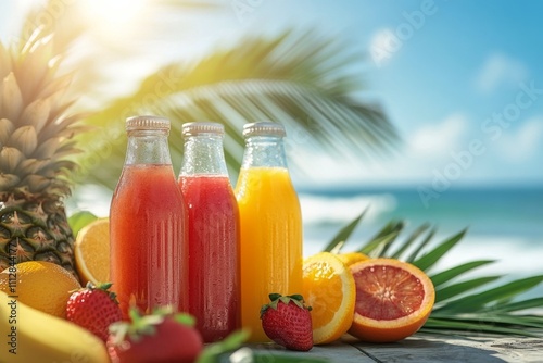 Fresh tropical juice with fruits on a vibrant background in a sunny setting