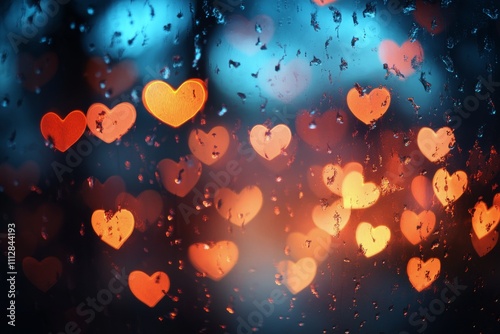 Colorful heart shaped bokeh lights with rain droplets on a window at night