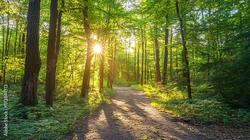 Tranquil forest path illuminated by soft sunlight filtering through trees