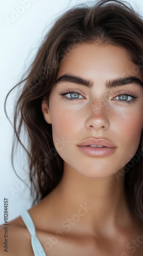 Captivating portrait of a young woman with striking green eyes and natural be...