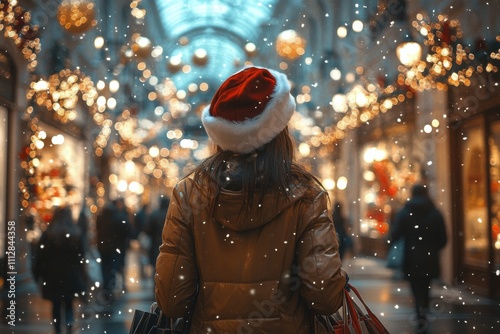 Holiday shopping in a festive market with lights and decorations during winte...