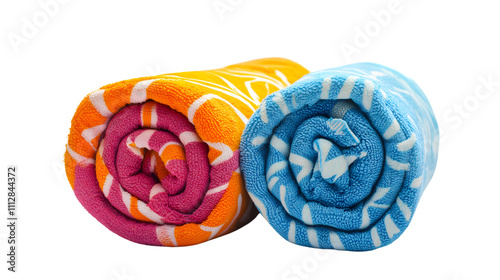 pair of colorful beach towels rolled up neatly, placed on a seamless white background photo