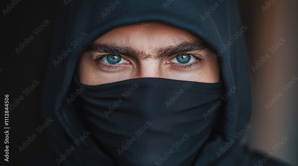 Masked Man in Hoodie with Intense Eyes and Shadows Masked Man in Hoodie with Intense Eyes and Shadows