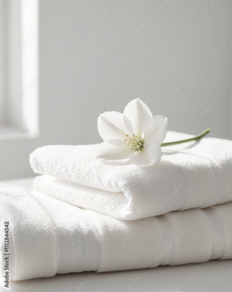 A white flower is on top of two white towels. A white flower is on top of two white towels.