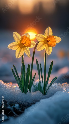 Daffodils blooming in snow during early spring at sunset in a tranquil garden