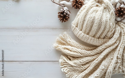 Cozy winter accessories arranged on a wooden surface with pine and snow elements
