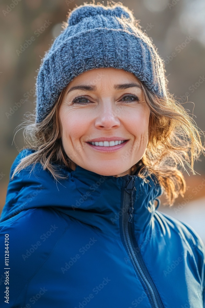 Happy woman smiling outdoors in winter attire with a blue background Happy woman smiling outdoors in winter attire with a blue background