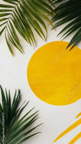 Bright yellow circle with green palm leaves against a white backdrop enhancin...