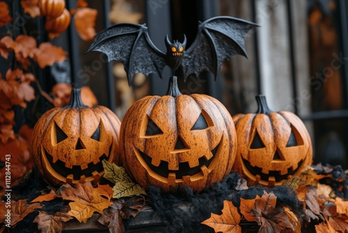 Halloween decorations featuring carved pumpkins and a bat in autumn foliage