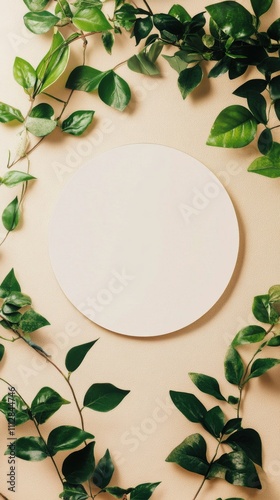 Circle on a cream surface surrounded by green leaves creates a serene atmosph...
