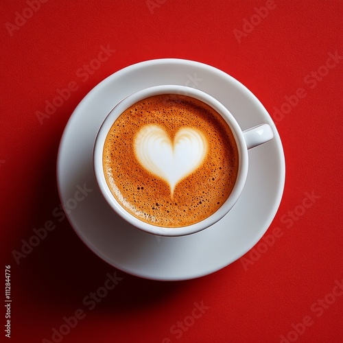 Warm coffee cup with heart shaped foam art on a bright red background in cozy...