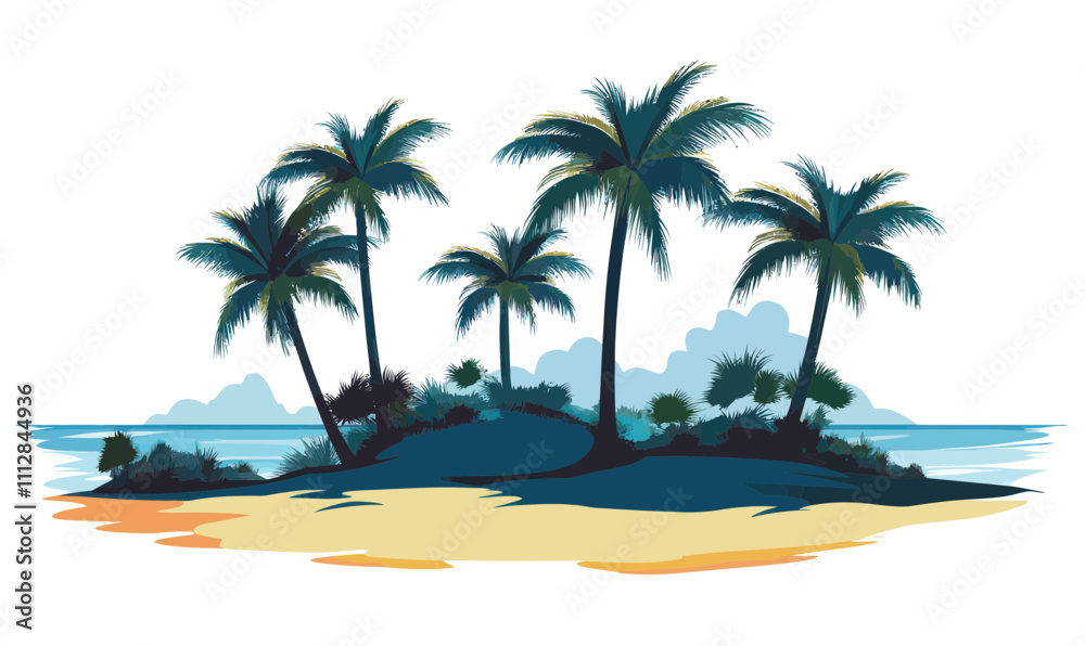 Obraz premium Tropical Island with Palm Trees Minimalist Vector Illustration for Travel and Design