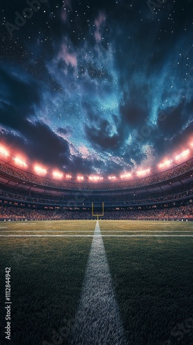 Football stadium under night sky with bright lights and clear field lines