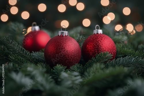Red Christmas ornaments resting on green pine branches with blurred lights in...