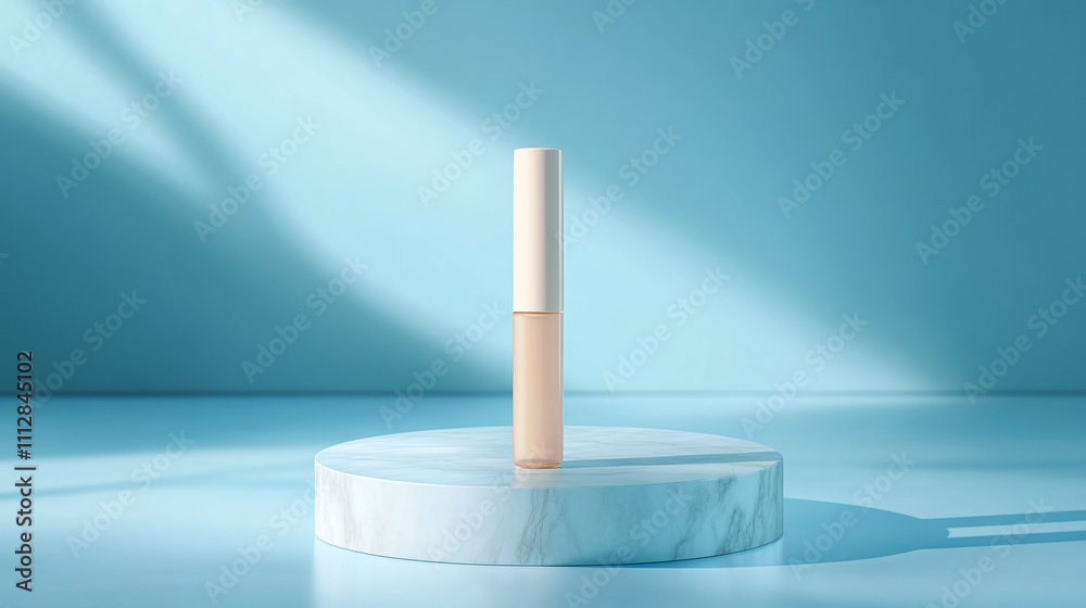 Cosmetic Product Displayed Against a Soft Blue Backdrop on a Marble Podium to Highlight Its Elegant Design and Texture Cosmetic Product Displayed Against a Soft Blue Backdrop on a Marble Podium to Highlight Its Elegant Design and Texture