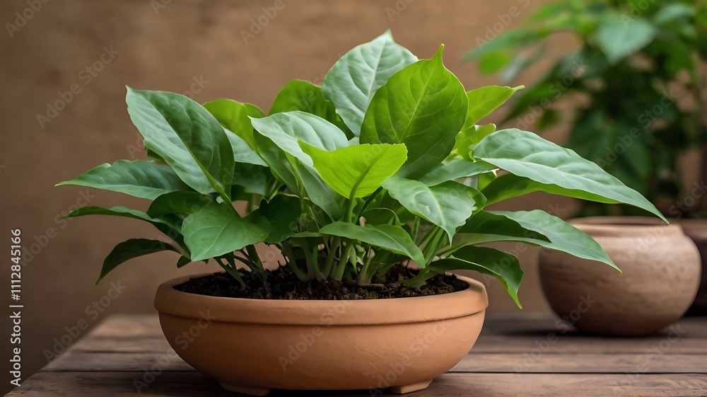 Fototapeta premium Lush green houseplant in terracotta pot on wooden table.