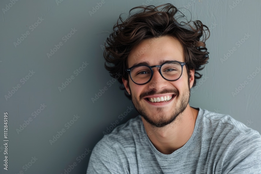 Stylish man in glasses with bright smile on neutral background
