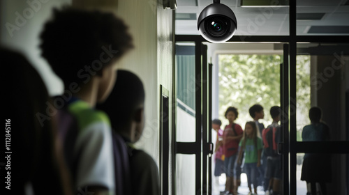 Children gather in a school hallway while surveillance camera monitors their activities during the daytime