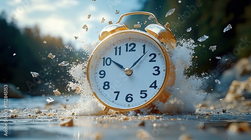 there is not much time left flying numbers on white alarm clock represent lost time time is limited resource that can be lost much like the numbers on alarm clock that break into tiny piece photo