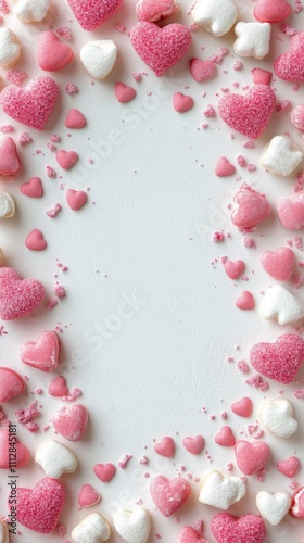 Sweet heart shaped candies create a playful border on a light background for ...