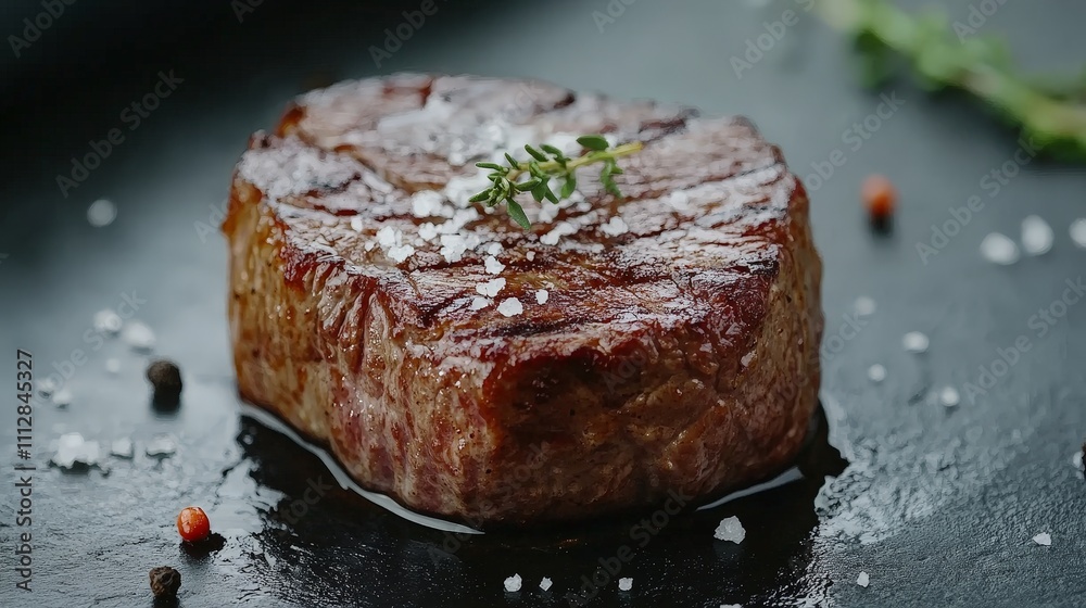 A beautifully cooked steak garnished with herbs and seasoning on a dark plate. A beautifully cooked steak garnished with herbs and seasoning on a dark plate.