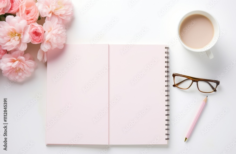 Fresh workspace with notebook, flowers, glasses, and coffee in a bright setting Fresh workspace with notebook, flowers, glasses, and coffee in a bright setting