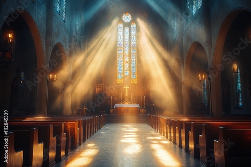 Light streams through stained glass windows in a serene church setting