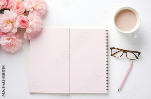 Fresh workspace with notebook, flowers, glasses, and coffee in a bright setting