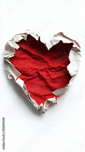 Creative heart shape made from torn paper revealing a red fabric underneath