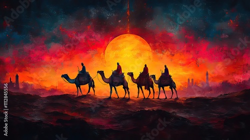 three wise men camel caravan in the desert at sunset digital watercolor painting photo