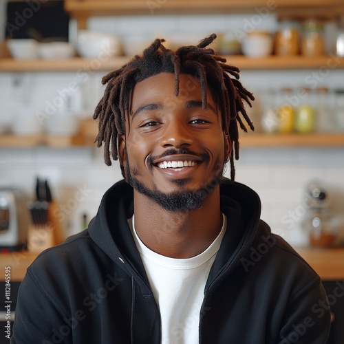 Smiling young man with dreadlocks in a cozy kitchen preparing food