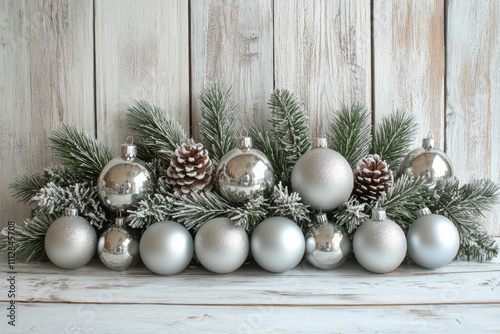 Elegant silver ornaments arranged on a frosted pine display for holiday celeb...