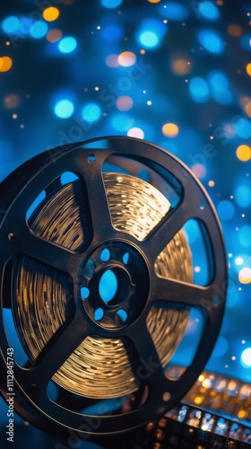 Vintage film reel with golden tape surrounded by bokeh lights in a dark setting