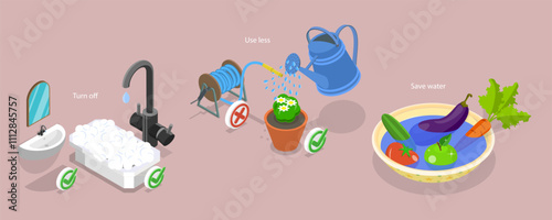 3D Isometric Flat Vector Illustration of Water Saving, Water Conservation And Saving Drinkable Resources