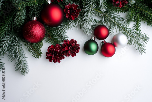 Christmas Tree Branches with Festive Decor and Balls in Holly Red, Frosty White, and Pine Green