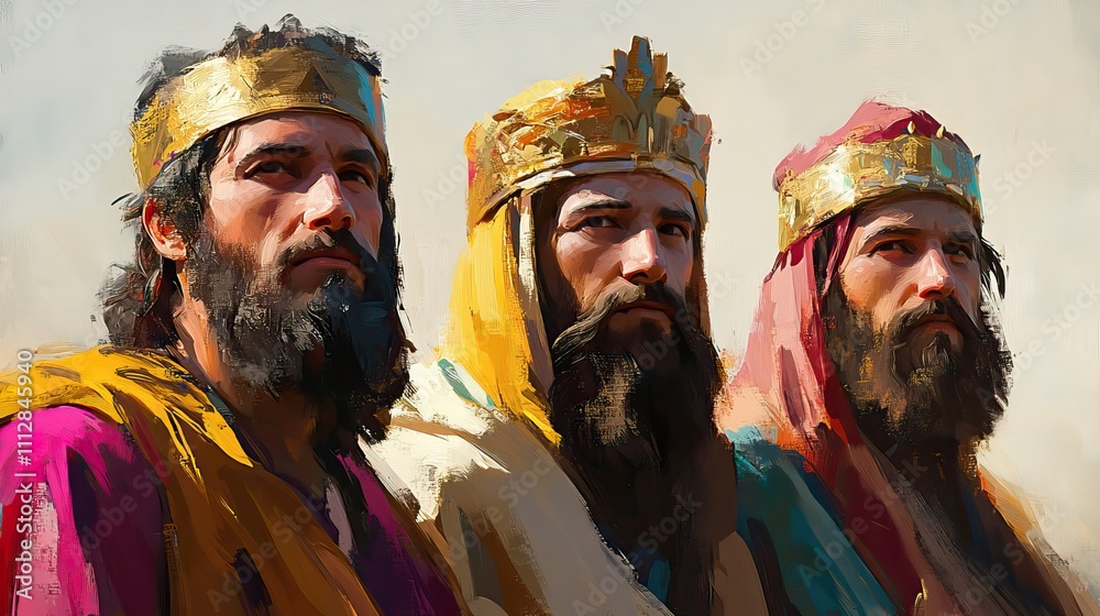 Obraz premium three wise men worshiped baby jesus and gave him gifts of gold frankincense and myrrh matthew 2 digital painting