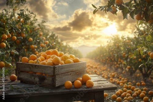 Golden oranges harvested at sunset in a tranquil orchard landscape
