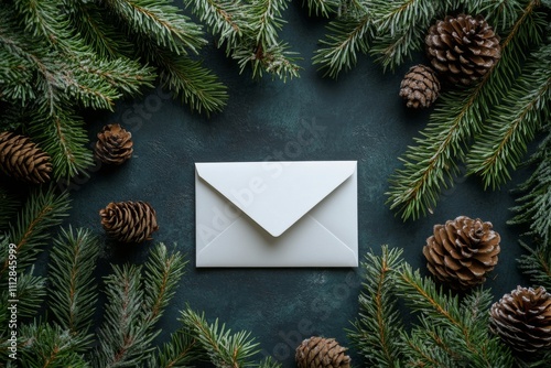 Festive envelope surrounded by pine branches and cones for holiday celebrations