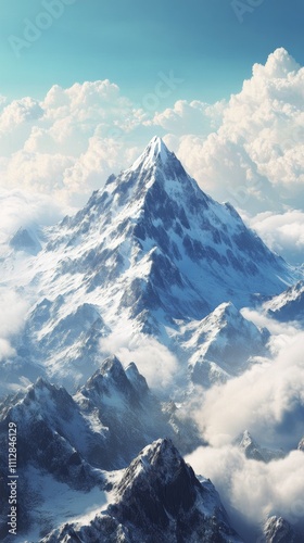 Majestic mountain peak rises above clouds under a bright blue sky