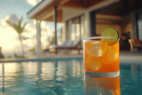 Refreshing cocktail by a serene pool in a luxurious setting during sunny daytime