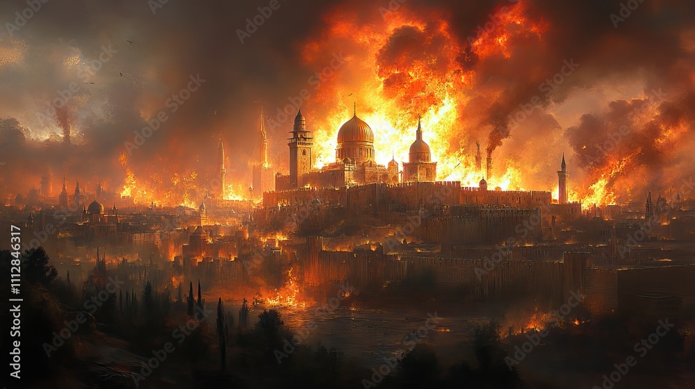 Fototapeta premium tisha brav the destruction of the temple of jerusalem engulfed in flames digital painting