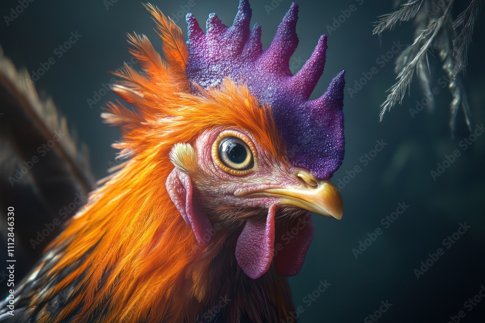 A Crested Polish Chicken with a vibrant orange and purple crest, wide alert eyes, and a sharp beak, illuminated by natural light with soft feather detailing.
