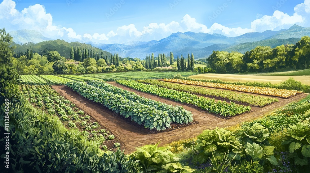 Naklejka premium An organic farm with companion planting techniques, where different crops are grown together to support each other's growth.